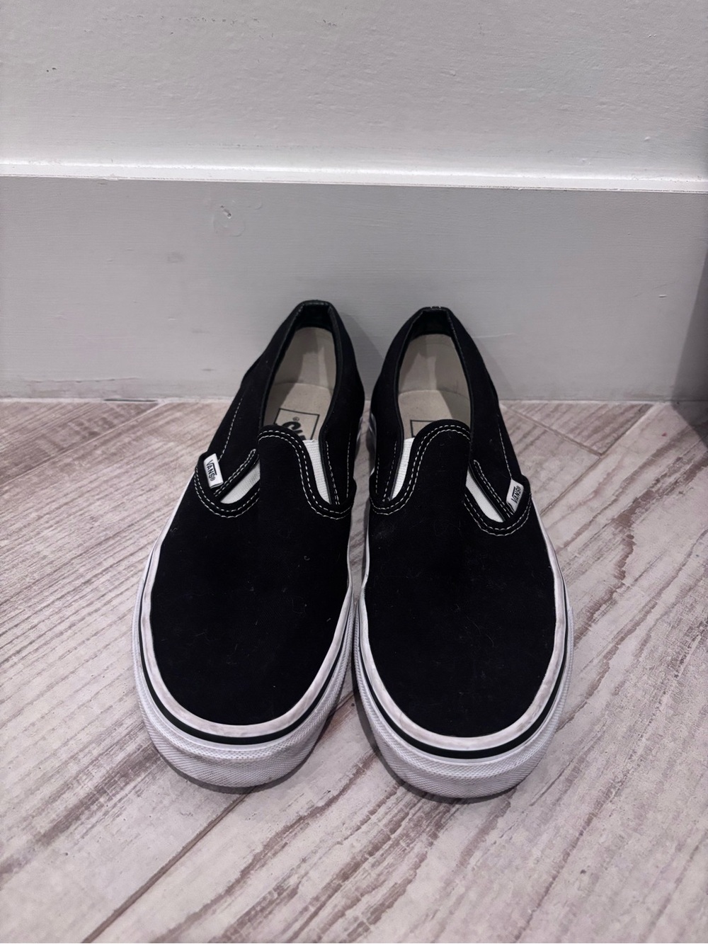 Vans Black Slip-On Canvas Loafers with White trim